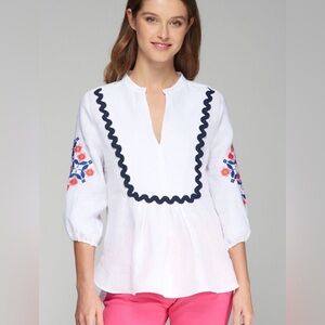 Vilagallo Ric Rac Embroidered 3/4 sleeve linen top NWT 40 M $210